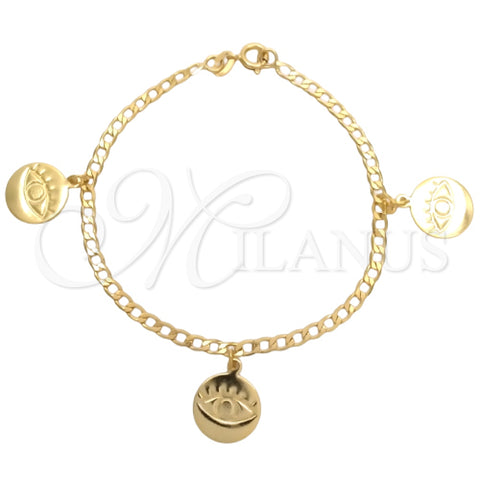 Pulsera de Dije 03.58.0054.07 Oro Laminado, Diseño de Ojo Griego y Cubana Concava, Pulido, Tono Dorado (04 MM Thickness, 7 Inches Length)