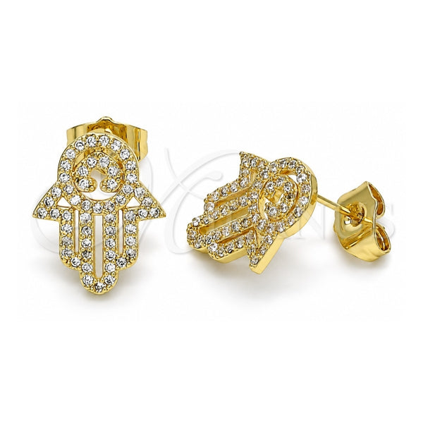 Arete Dormilona 02.284.0043 Oro Laminado, Diseño de Mano de Dios y Judaica, con Micro Pave Blanca, Pulido, Tono Dorado
