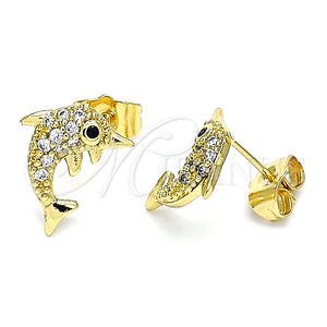 Arete Dormilona 02.284.0044 Oro Laminado, Diseño de Delfín, con Blanca and Negro Micro Pave, Pulido, Tono Dorado