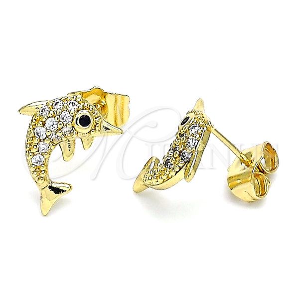 Arete Dormilona 02.284.0044 Oro Laminado, Diseño de Delfín, con Blanca and Negro Micro Pave, Pulido, Tono Dorado