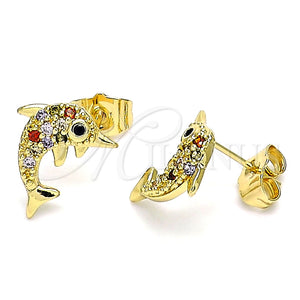 Arete Dormilona 02.284.0044.1 Oro Laminado, Diseño de Delfín, con Multicolor Micro Pave, Pulido, Tono Dorado