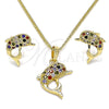 Juego de Arete y Dije de Adulto 10.195.0029.1 Oro Laminado, Diseño de Delfín, con Multicolor Micro Pave, Pulido, Tono Dorado