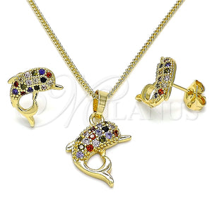 Juego de Arete y Dije de Adulto 10.195.0029.1 Oro Laminado, Diseño de Delfín, con Multicolor Micro Pave, Pulido, Tono Dorado