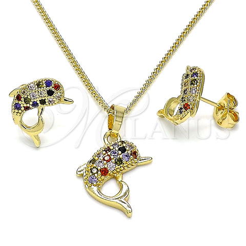 Juego de Arete y Dije de Adulto 10.195.0029.1 Oro Laminado, Diseño de Delfín, con Multicolor Micro Pave, Pulido, Tono Dorado