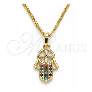Collares con Dije 04.210.0055.1.20 Oro Laminado, Diseño de Mano de Dios y Judaica, con Micro Pave Multicolor y Zirconia Cubica Blanca, Pulido, Tono Dorado (Grosor 02 MM, 20 Pulgadas de Largo)