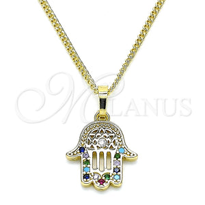 Collares con Dije 04.210.0058.1.20 Oro Laminado, Diseño de Mano de Dios, con Multicolor Micro Pave, Pulido, Tono Dorado (02 MM Thickness, 20 Inches Length)
