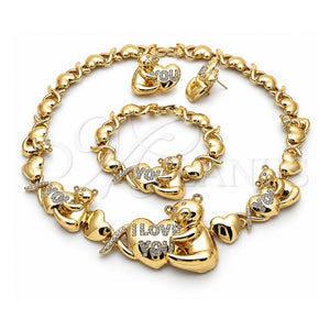 Collar, Pulsera y Dije 06.372.0043 Oro Laminado, Diseño de Besos y Abrazos y Osito, con Cristal Blanca, Pulido, Tono Dorado