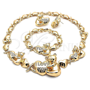 Collar, Pulsera y Dije 06.372.0043 Oro Laminado, Diseño de Besos y Abrazos y Osito, con Blanca Cristal, Pulido, Tono Dorado