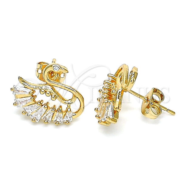 Arete Dormilona 02.213.0294 Oro Laminado, Diseño de Cisne y Baguette, con Blanca Zirconia Cubica, Pulido, Tono Dorado