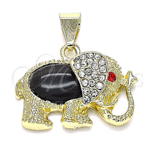 Dije Religioso 05.213.0042.1 Oro Laminado, Diseño de Elefante, con Negro Opal and Granate Cristal, Pulido, Tono Dorado