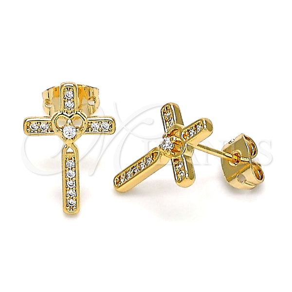 Arete Dormilona 02.213.0301 Oro Laminado, Diseño de Cruz, con Blanca Micro Pave, Pulido, Tono Dorado