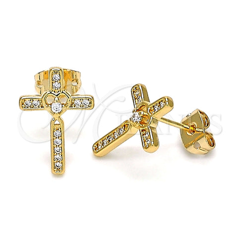 Arete Dormilona 02.213.0301 Oro Laminado, Diseño de Cruz, con Blanca Micro Pave, Pulido, Tono Dorado