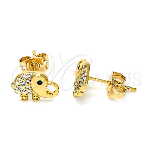 Arete Dormilona 02.213.0305 Oro Laminado, Diseño de Elefante, con Blanca and Negro Micro Pave, Pulido, Tono Dorado