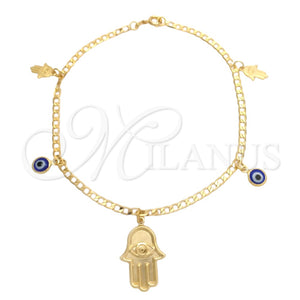 Tobillera de Dije 03.58.0056.10 Oro Laminado, Diseño de Mano de Dios y Ojo Griego, Pulido, Tono Dorado (04 MM Thickness, 10 Inches Length)