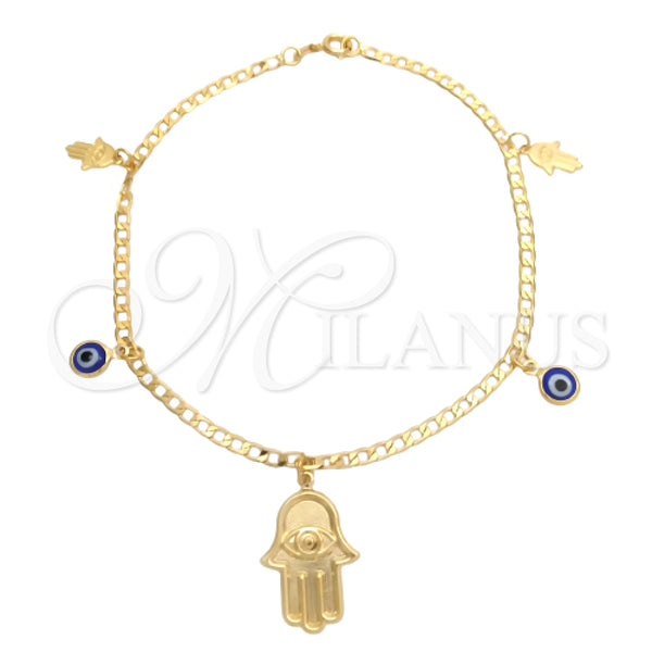 Tobillera de Dije 03.58.0056.10 Oro Laminado, Diseño de Mano de Dios y Ojo Griego, Pulido, Tono Dorado (04 MM Thickness, 10 Inches Length)