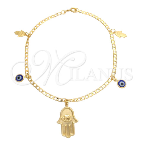 Tobillera de Dije 03.58.0056.10 Oro Laminado, Diseño de Mano de Dios y Ojo Griego, Pulido, Tono Dorado (04 MM Thickness, 10 Inches Length)