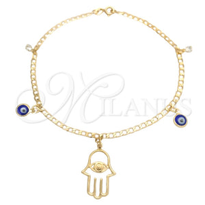 Tobillera de Dije 03.58.0057.10 Oro Laminado, Diseño de Mano de Dios y Ojo Griego, con Blanca Zirconia Cubica, Pulido, Tono Dorado (04 MM Thickness, 10 Inches Length)