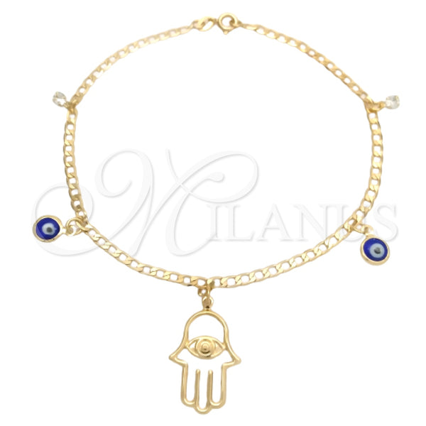 Tobillera de Dije 03.58.0057.10 Oro Laminado, Diseño de Mano de Dios y Ojo Griego, con Blanca Zirconia Cubica, Pulido, Tono Dorado (04 MM Thickness, 10 Inches Length)