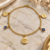 Tobillera de Dije 03.58.0058.10 Oro Laminado, Diseño de Ojo Griego y Cubana Concava, Pulido, Tono Dorado (Grosor 04 MM, 10 Pulgadas de Largo)