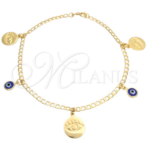 Tobillera de Dije 03.58.0058.10 Oro Laminado, Diseño de Ojo Griego y Cubana Concava, Pulido, Tono Dorado (04 MM Thickness, 10 Inches Length)