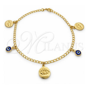 Tobillera de Dije 03.58.0058.10 Oro Laminado, Diseño de Ojo Griego y Cubana Concava, Pulido, Tono Dorado (Grosor 04 MM, 10 Pulgadas de Largo)