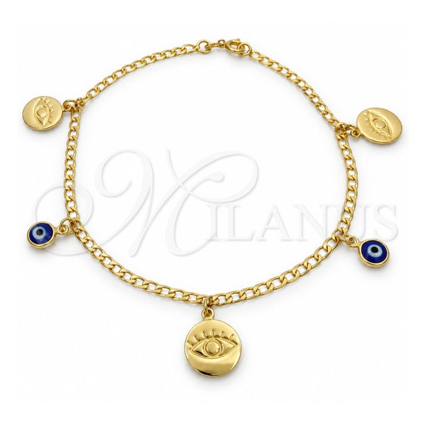 Tobillera de Dije 03.58.0058.10 Oro Laminado, Diseño de Ojo Griego y Cubana Concava, Pulido, Tono Dorado (Grosor 04 MM, 10 Pulgadas de Largo)