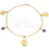 Tobillera de Dije 03.58.0058.10 Oro Laminado, Diseño de Ojo Griego y Cubana Concava, Pulido, Tono Dorado (04 MM Thickness, 10 Inches Length)
