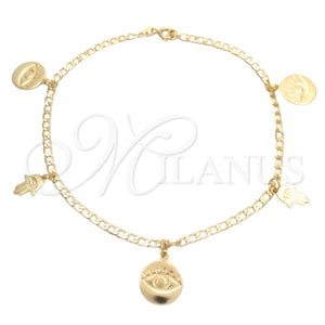 Tobillera de Dije 03.58.0059.10 Oro Laminado, Diseño de Mano de Dios y Ojo Griego, Pulido, Tono Dorado (04 MM Thickness, 10 Inches Length)