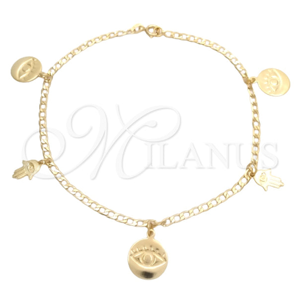 Tobillera de Dije 03.58.0059.10 Oro Laminado, Diseño de Mano de Dios y Ojo Griego, Pulido, Tono Dorado (04 MM Thickness, 10 Inches Length)