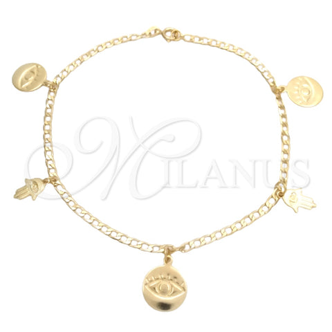Tobillera de Dije 03.58.0059.10 Oro Laminado, Diseño de Mano de Dios y Ojo Griego, Pulido, Tono Dorado (04 MM Thickness, 10 Inches Length)