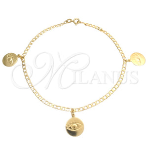 Tobillera de Dije 03.58.0060.10 Oro Laminado, Diseño de Ojo Griego y Cubana Concava, Pulido, Tono Dorado (04 MM Thickness, 10 Inches Length)
