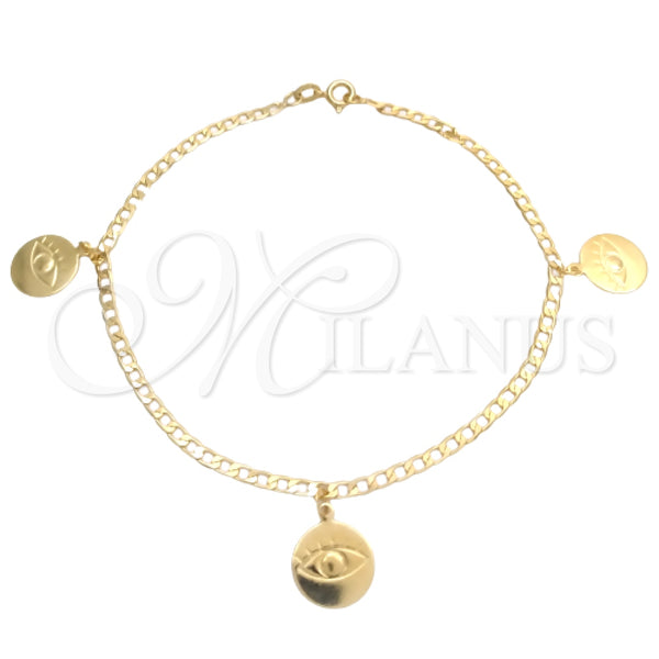 Tobillera de Dije 03.58.0060.10 Oro Laminado, Diseño de Ojo Griego y Cubana Concava, Pulido, Tono Dorado (04 MM Thickness, 10 Inches Length)