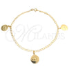 Tobillera de Dije 03.58.0060.10 Oro Laminado, Diseño de Ojo Griego y Cubana Concava, Pulido, Tono Dorado (04 MM Thickness, 10 Inches Length)
