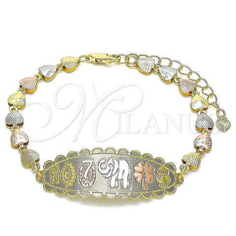 Pulsera Elegante 03.380.0108.08 Oro Laminado, Diseño de Elefante y Trébol de Cuatro Hojas, Pulido, Tres Tonos (06 MM Thickness, 8 Inches Length)