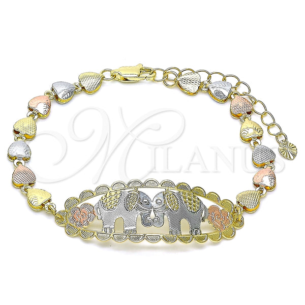 Pulsera Elegante 03.380.0109.08 Oro Laminado, Diseño de Elefante y Flor, Pulido, Tres Tonos (06 MM Thickness, 8 Inches Length)