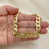 Pulsera Elegante 03.380.0112.09 Oro Laminado, Diseño de Santa Muerte y Cubana Pave, Pulido, Tono Dorado (10 MM Thickness, 9 Inches Length)