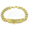 Pulsera Elegante 03.380.0112.09 Oro Laminado, Diseño de Santa Muerte y Cubana Pave, Pulido, Tono Dorado (10 MM Thickness, 9 Inches Length)