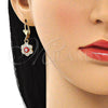 Arete Colgante 02.380.0083 Oro Laminado, Diseño de Ojo Griego y Flor, con Blanca Cristal, Esmaltado Rojo, Tono Dorado