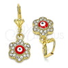 Arete Colgante 02.380.0083 Oro Laminado, Diseño de Ojo Griego y Flor, con Blanca Cristal, Esmaltado Rojo, Tono Dorado
