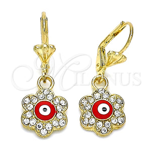 Arete Colgante 02.380.0083 Oro Laminado, Diseño de Ojo Griego y Flor, con Blanca Cristal, Esmaltado Rojo, Tono Dorado