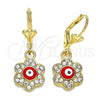 Arete Colgante 02.380.0083 Oro Laminado, Diseño de Ojo Griego y Flor, con Blanca Cristal, Esmaltado Rojo, Tono Dorado