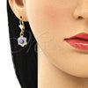 Arete Colgante 02.380.0083.1 Oro Laminado, Diseño de Ojo Griego y Flor, con Blanca Cristal, Esmaltado Azul, Tono Dorado