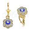 Arete Colgante 02.380.0083.1 Oro Laminado, Diseño de Ojo Griego y Flor, con Blanca Cristal, Esmaltado Azul, Tono Dorado