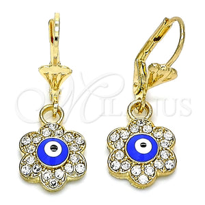 Arete Colgante 02.380.0083.1 Oro Laminado, Diseño de Ojo Griego y Flor, con Blanca Cristal, Esmaltado Azul, Tono Dorado