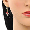 Arete Colgante 02.380.0084.1 Oro Laminado, Diseño de Mano de Dios, con Blanca Cristal, Esmaltado Rojo, Tono Dorado