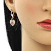Arete Colgante 02.380.0085 Oro Laminado, Diseño de Ojo Griego y Corazón, con Blanca Cristal, Esmaltado Rojo, Tono Dorado