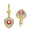 Arete Colgante 02.380.0085 Oro Laminado, Diseño de Ojo Griego y Corazón, con Blanca Cristal, Esmaltado Rojo, Tono Dorado