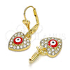 Arete Colgante 02.380.0085 Oro Laminado, Diseño de Ojo Griego y Corazón, con Blanca Cristal, Esmaltado Rojo, Tono Dorado