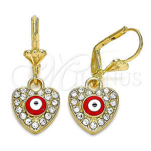 Arete Colgante 02.380.0085 Oro Laminado, Diseño de Ojo Griego y Corazón, con Blanca Cristal, Esmaltado Rojo, Tono Dorado