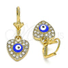 Arete Colgante 02.380.0085.1 Oro Laminado, Diseño de Ojo Griego y Corazón, con Blanca Cristal, Esmaltado Azul, Tono Dorado
